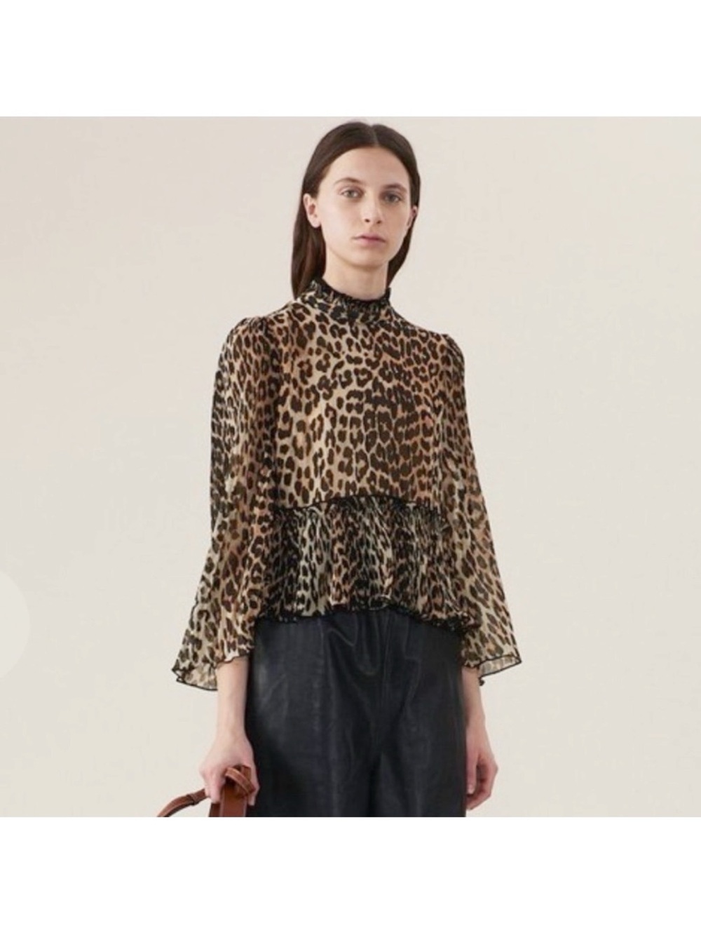 GANNI Leopard Print Peplum Wide Sleeve Blouse 40 M Mob Wife Maximalist Career
